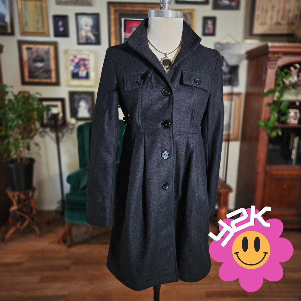 Vintage Y2K EccoCi‎ Women's Wool Blend Black Button Front Fit Flare Coat Jacket